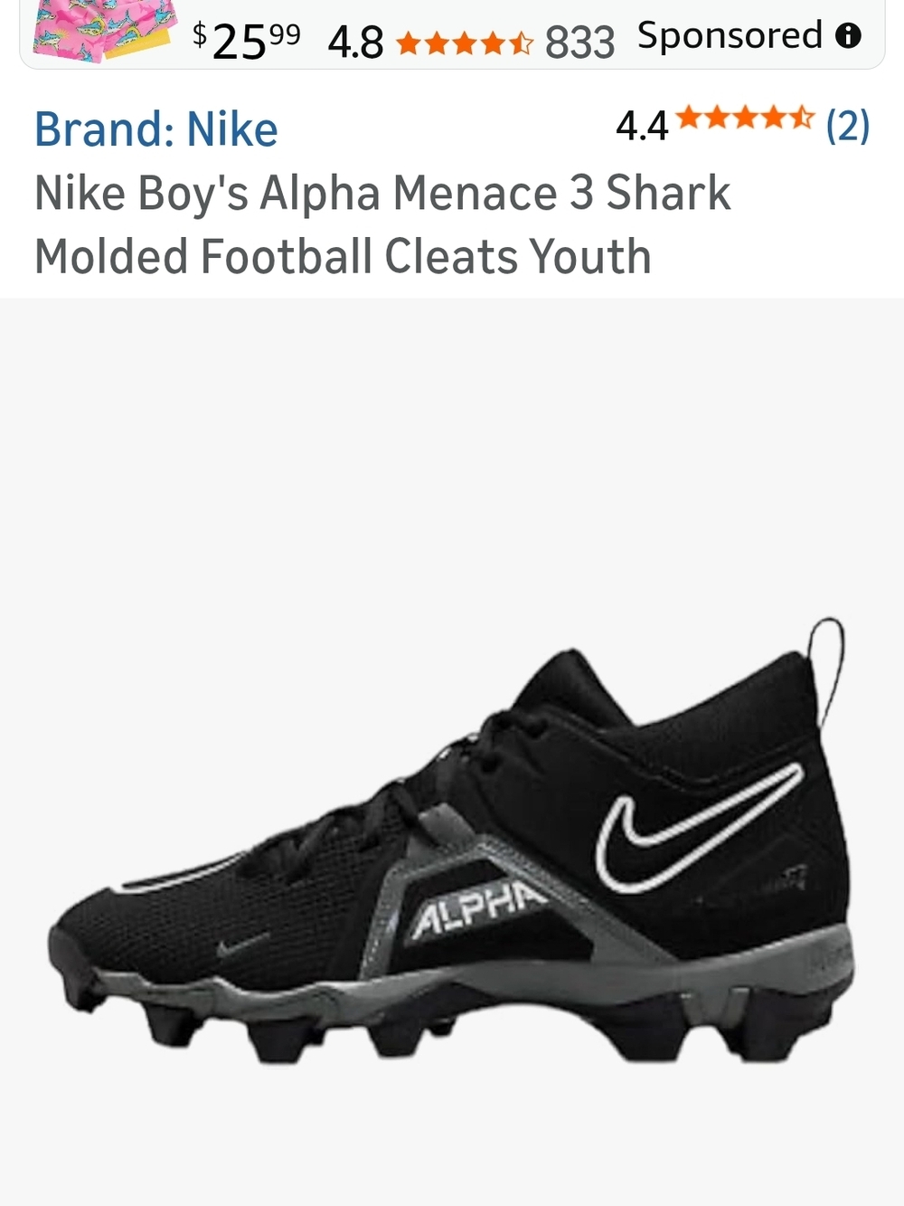 Nike Kids Black and Gray Alpha Menace 3‎ Shark Football Cleats